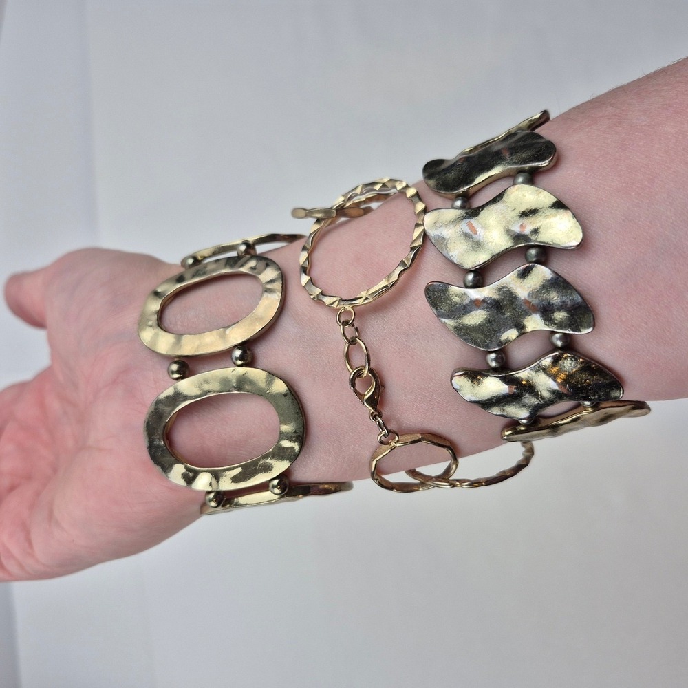 Vtg Bracelet‎ Lot 3pc Mixed Metal Hammered Link Squiggle Circle Oval Stack Sz 7